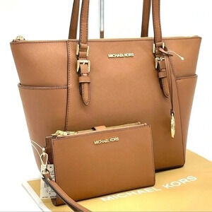 Michael Kors Large Charlotte Tote Bag & Large Double Zip Wallet Brown (NWT)
